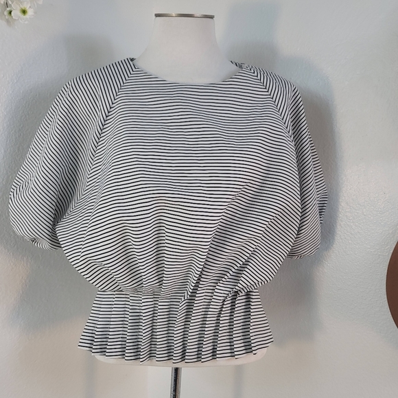 MUSK STRIPED CREWNECK SHORT SLEEVE PLATED WAIST TOP WOMEN'S SIZE MEDIUM - Picture 9 of 16